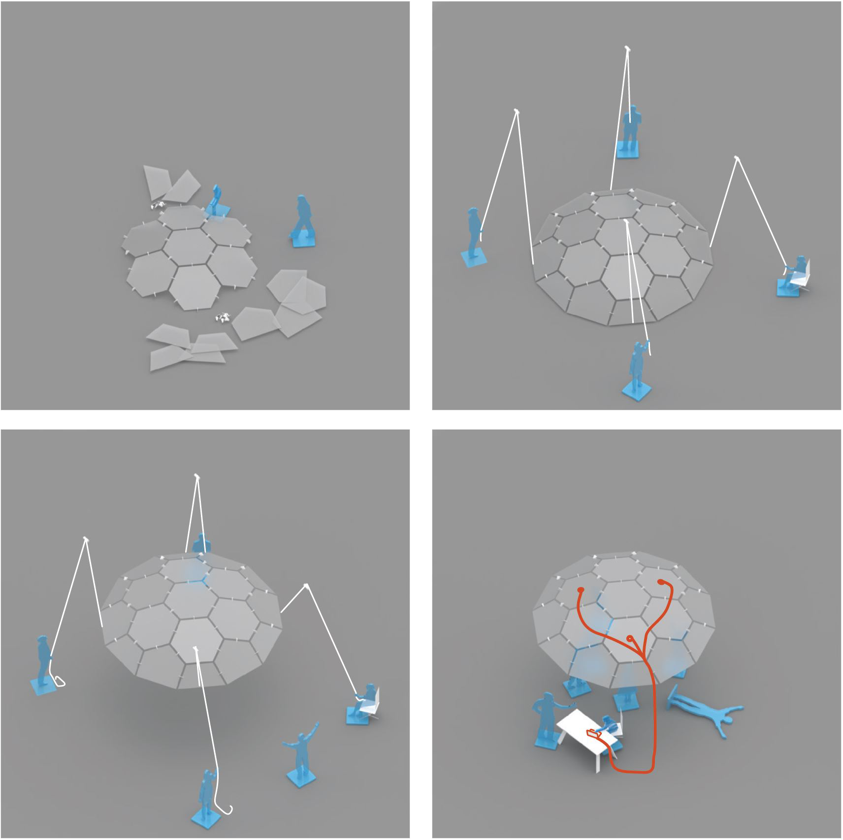 Axonometric drawing of the DIY dome being assembled and then raised in the air on cables